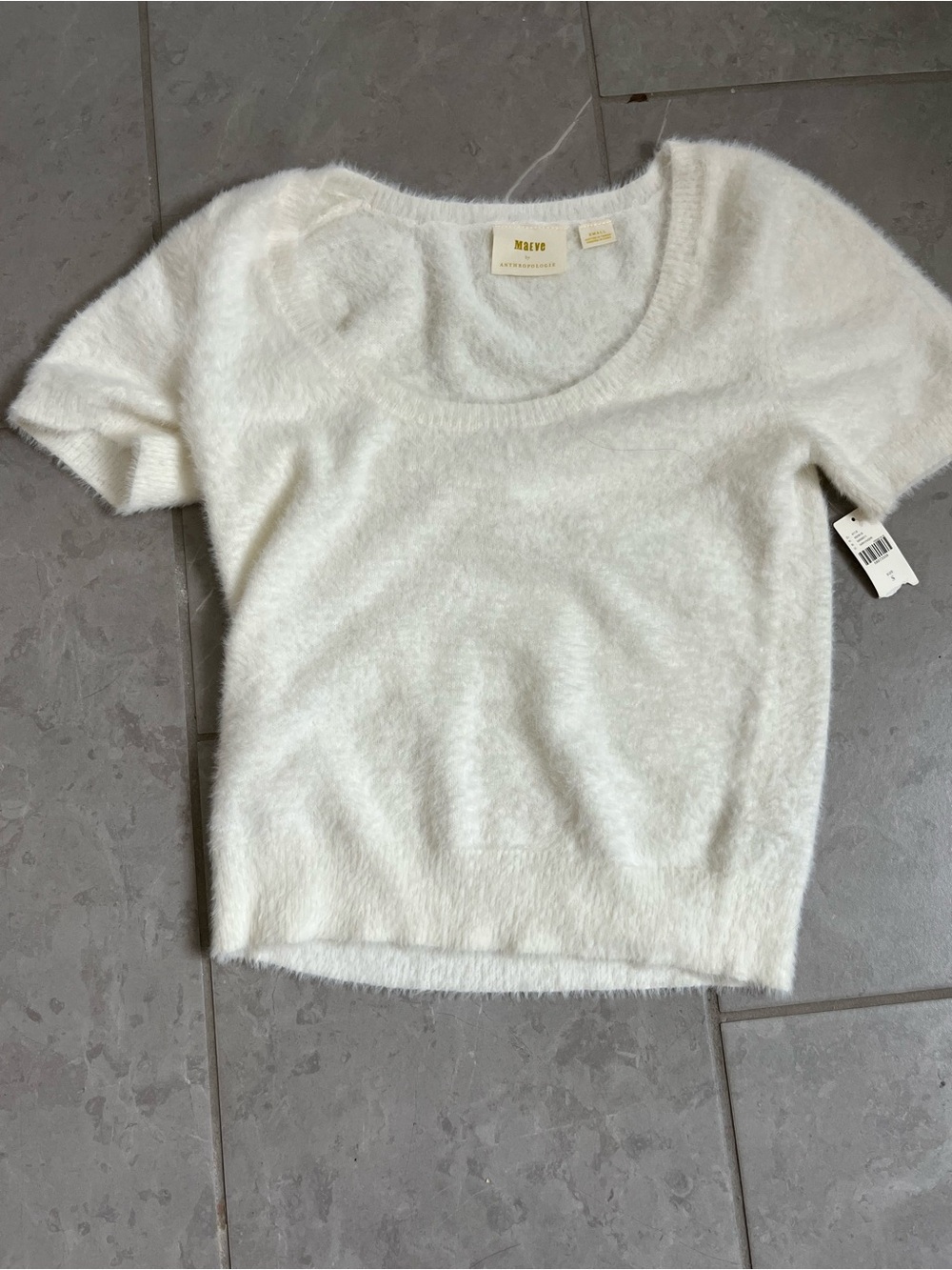 Maeve Cream Fuzzy Short Sleeve Scoop Neck Sweater